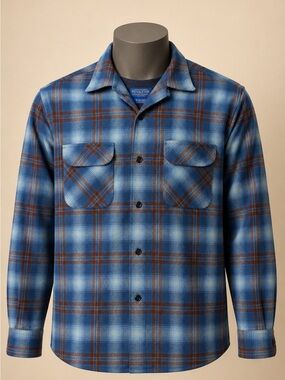 Pendleton Original Board Shirt Blue Brown Plaid Wool Men’s M Long